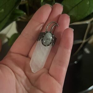 Genuine Quartz and Jasper silver crescent moon pendant handmade